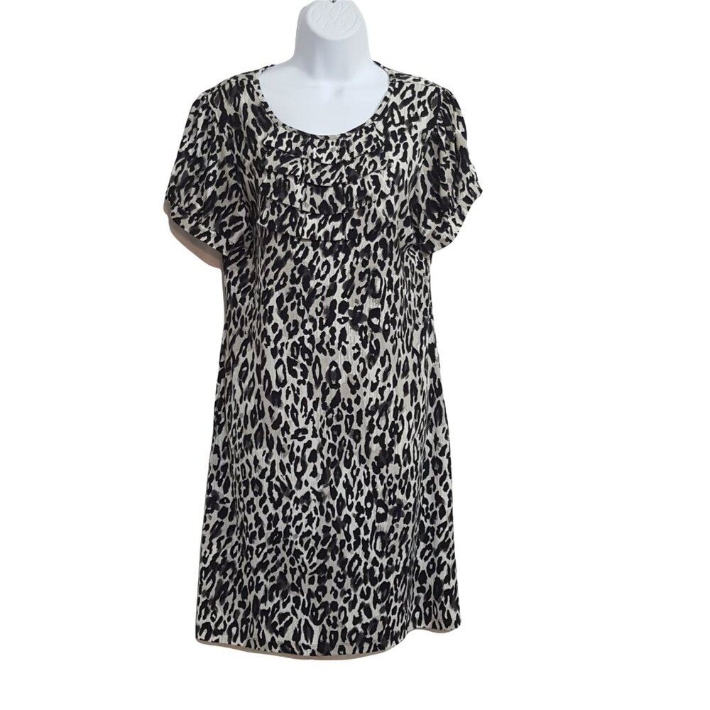 Vintage 90s Dress 12 Short Sleeve Black Leopard Stretch Knit Ruffles Knee Length